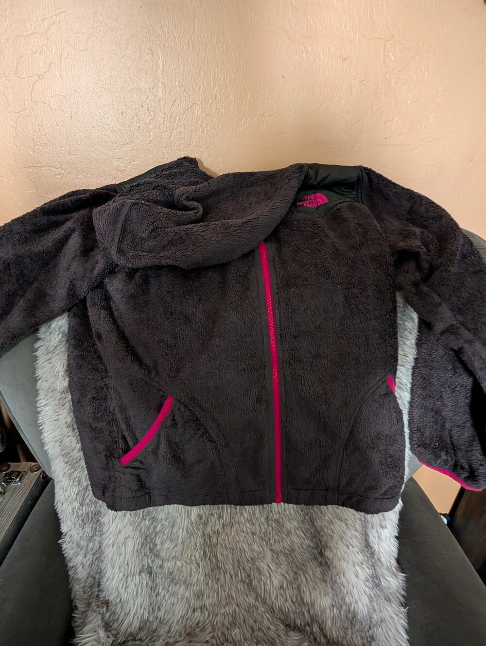 The North Face Kids Black Plush Fleece Jacket with Pink Accents